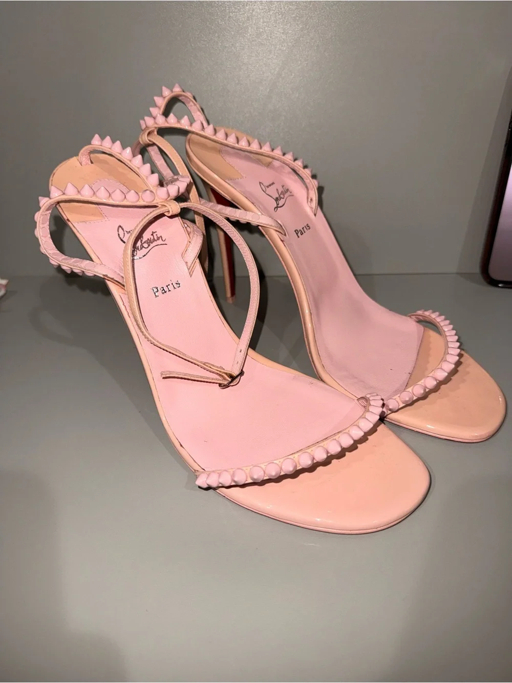 Christian Louboutin Blush Pink Spike-Trim Slingback Heels - Picture 2 of 4